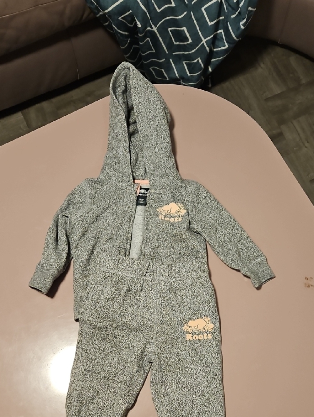 Roots Grey Speckled Hooded Jumpsuit with Peach Logo Accents